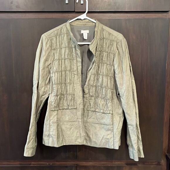 Chico's Open Smocked Light Jacket Olive Green with Shimmer Size Large - Picture 2 of 6